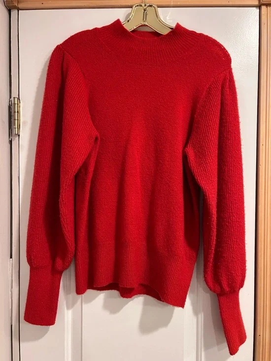 French Connection Sofia Balloon Sleeve Mock Neck Ribbed Knit Sweater Red Small - Picture 5 of 8